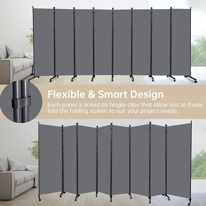 Room Divider 8 Panel Room Dividers/Wheels, Fabric Room Divider Panel for Office Room Partitions and Dividers, Portable Partition Wall Divider for Room Separation, Freestanding Privacy Screen Indoor