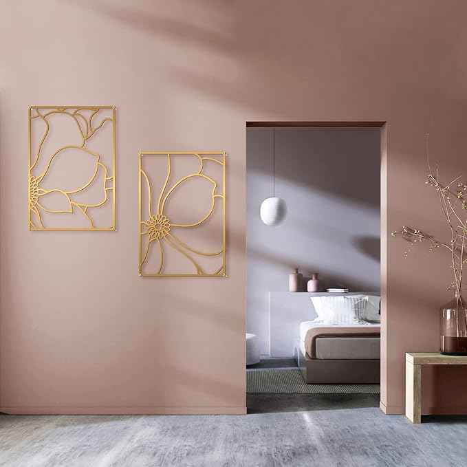 Glamativity 4 Pack Gold Wall Art, Flower Minimalist Single Line Art, Real Metal Nature Floral Abstract Wall Decor for Kitchen Bedroom Living Room