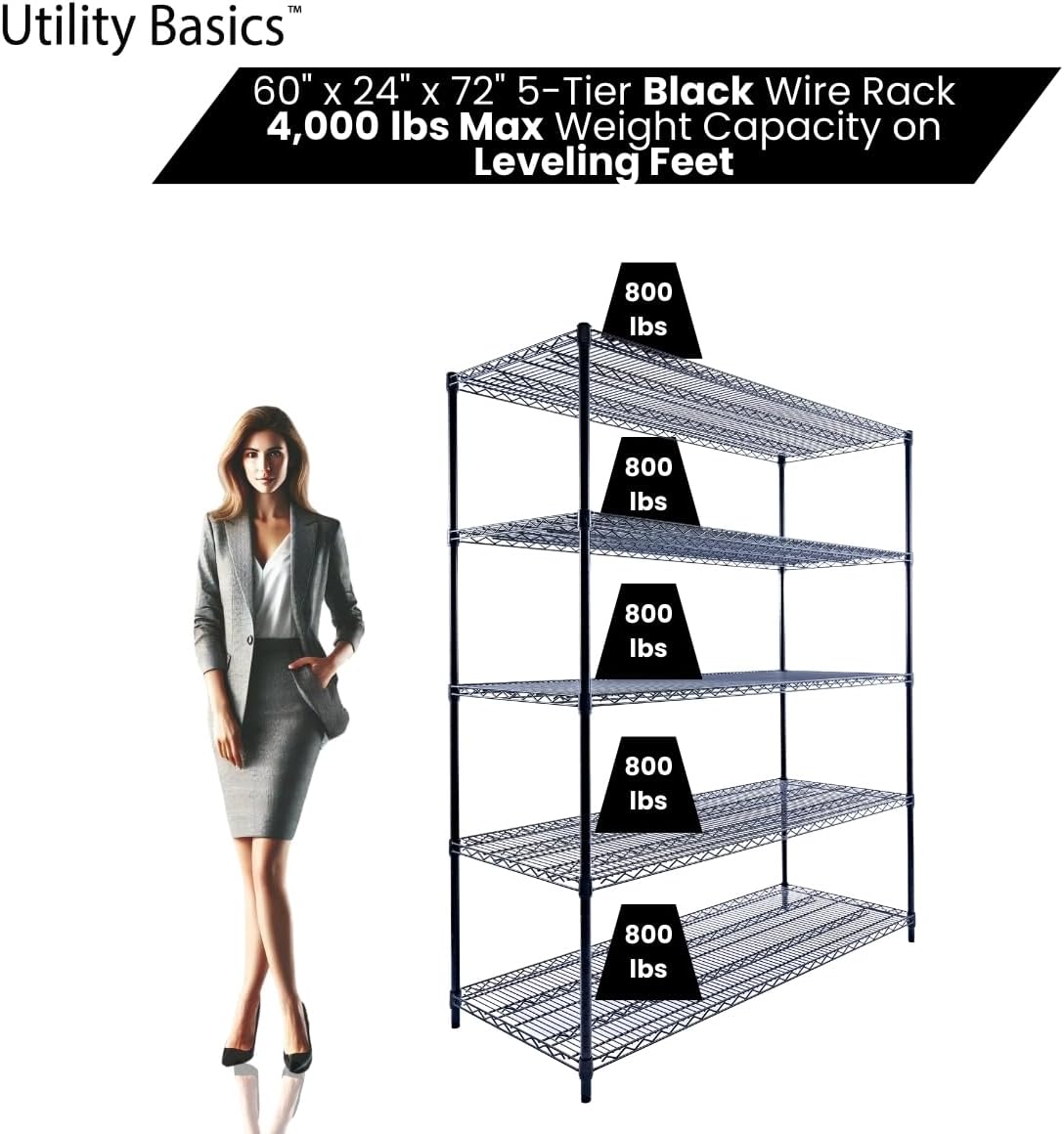 60"x24"x72" Black 5-Tier Premium Metal Wire Shelving NSF 4000 LBS MAX Capacity Heavy Duty Steel Storage Rack for Warehouse, Garage, Hospital, Commercial Space & School w/Premium Wheels - NestledHome