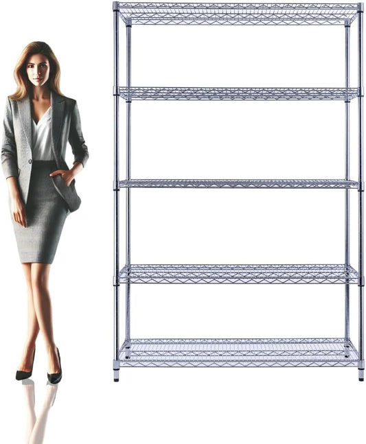 48"x18"x72" Chrome 5-Tier PREMIUM Wire Shelving NSF 4000 LBS MAX CAPACITY Heavy Duty Steel Storage Rack for Warehouses, Garages, Hospitals, Commercial Spaces, & Schools w/PREMIUM WHEELS - NestledHome