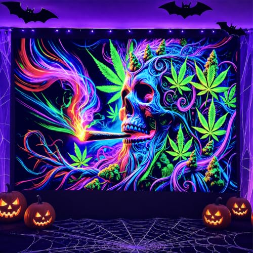 Blacklight Tapestry Smoking Skull Neon Decor 59 x 78 Inch