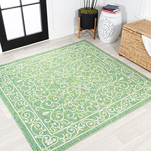 Vintage Filigree Indoor Outdoor Square Area Rug 5X5 Green