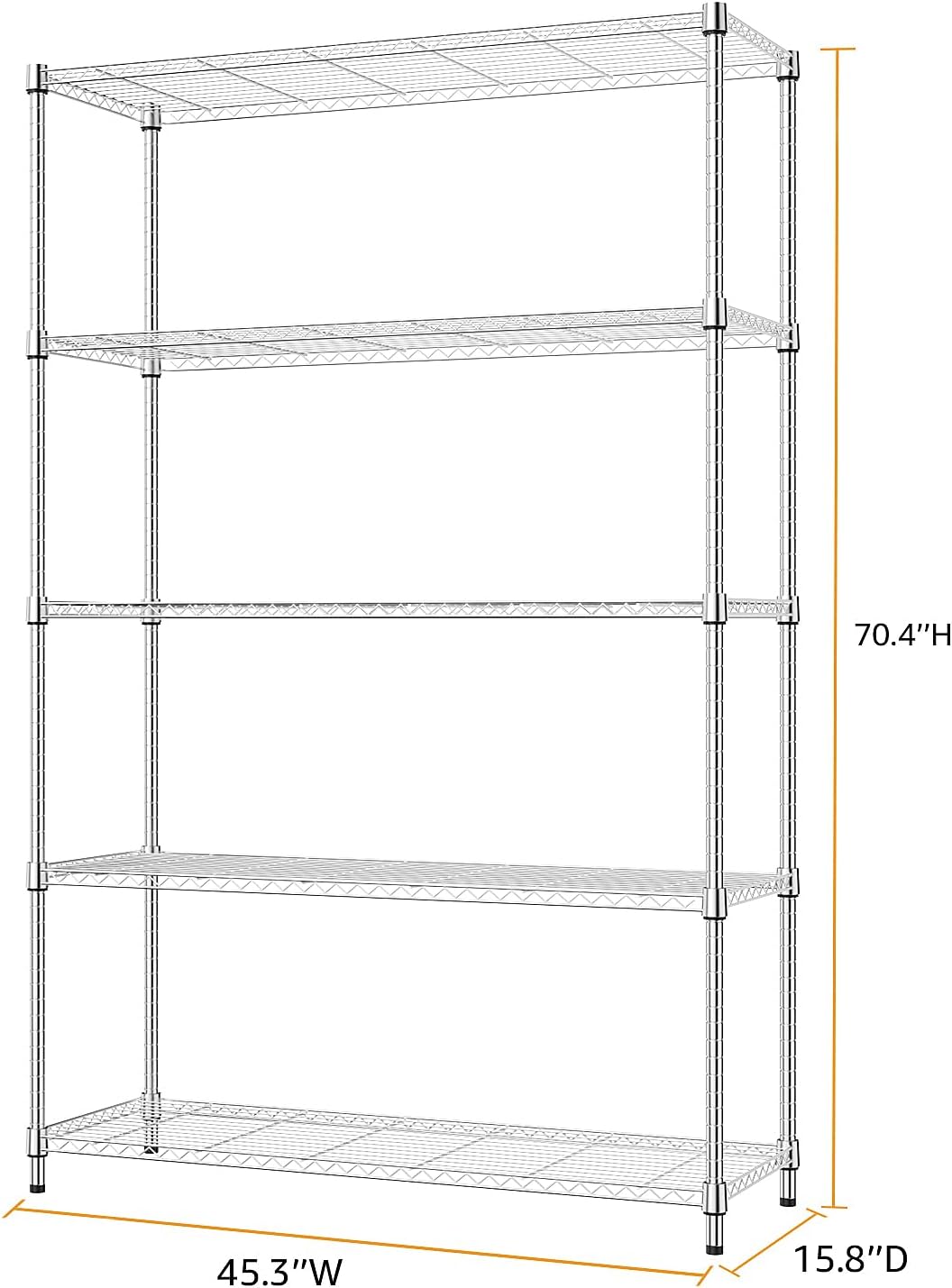 MZG 1750 lbs 5 Tier Storage Rack Metal Wire Shelving Unit, Storage Standing Household Shelf Organizer for Kitchen Pantry Closet Garage Basement Utility Room, Chrome 15.8" D x 45.3" W x 70.4" H - NestledHome