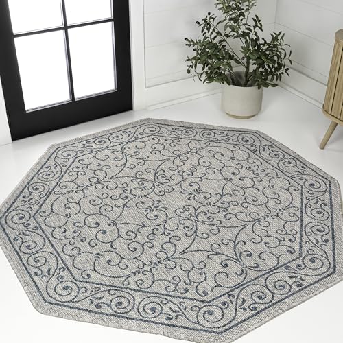 Vintage Filigree Indoor Outdoor Octagon Area Rug 5 Ft Gray