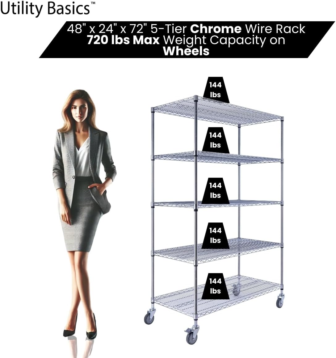 48"x24"x72" Chrome 5-Tier PREMIUM Wire Shelving NSF 4000 LBS MAX CAPACITY Heavy Duty Steel Storage Rack for Warehouses, Garages, Hospitals, Commercial Spaces, & Schools w/PREMIUM WHEELS - NestledHome