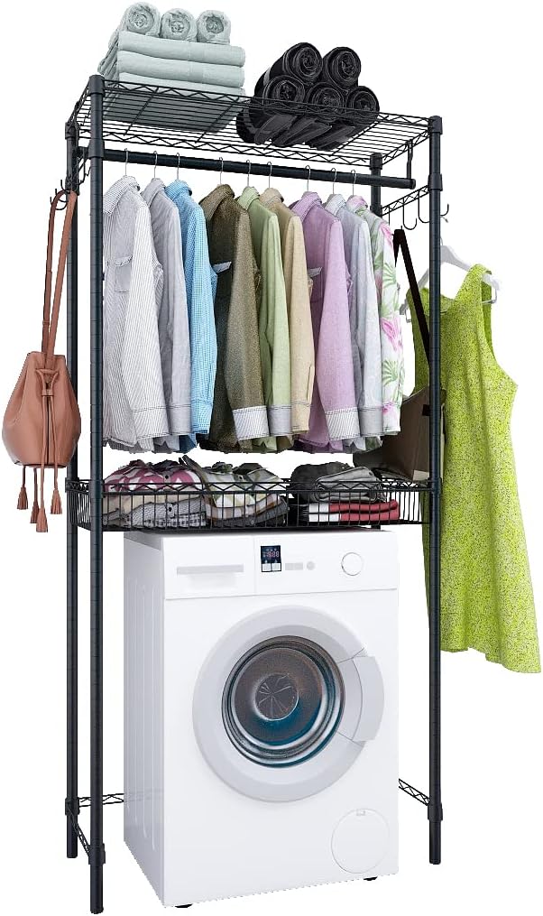 Xiofio Washer and Dryer Storage Shelf,Clothes Drying Rack,2 Tier Adjustable Height Storage Wire Basket with 2 Side Hook Laundry Shelves Used for Bathroom, Bedroom,Balcony,Black - NestledHome