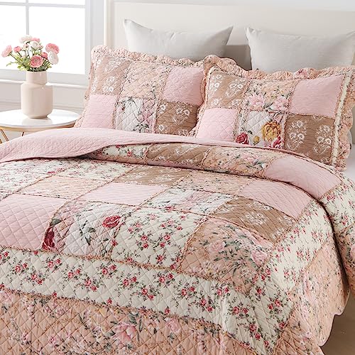 Quilts California King Patchwork Pink Floral Quilt Set Vintage Shabby Chic Botanical Quilted Bedspread 3