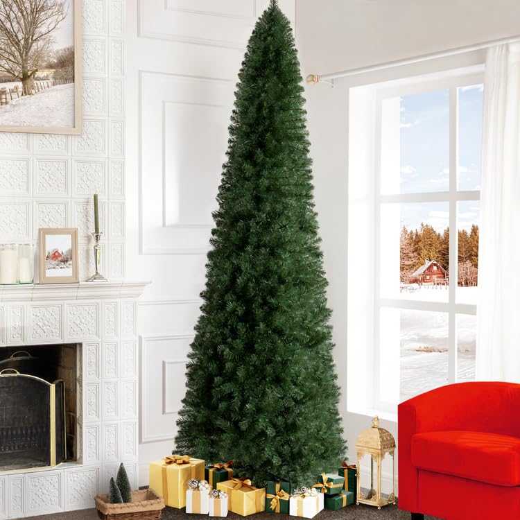 9ft Slim Christmas Tree with Lights Realistic Skinny Pencil Christmas Tree Prelit with 1455 Branch Tips 500 Warm Lights and Metal Stand Aritificial Tree +ürbol De Navidad