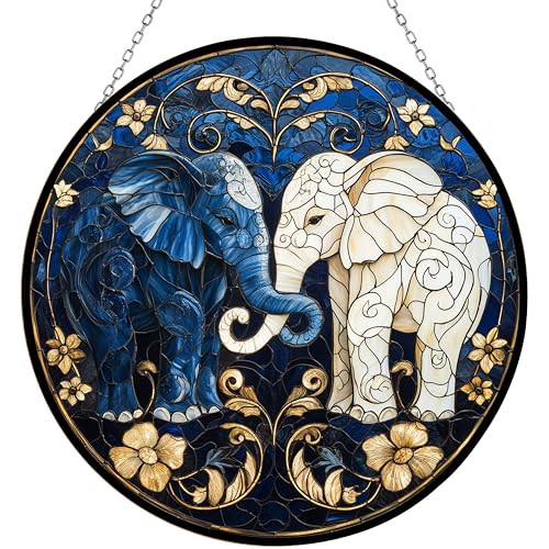Customized Gentle Elephants Art Nouveau Stained Glass Window Hanging