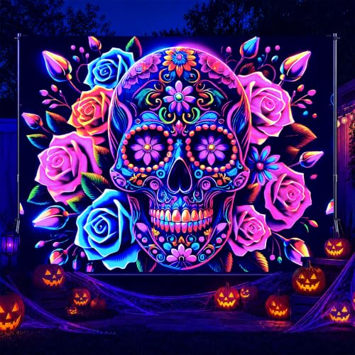 Blacklight Tapestry Sugar Skull Wall Hanging 78 x 59 Inch