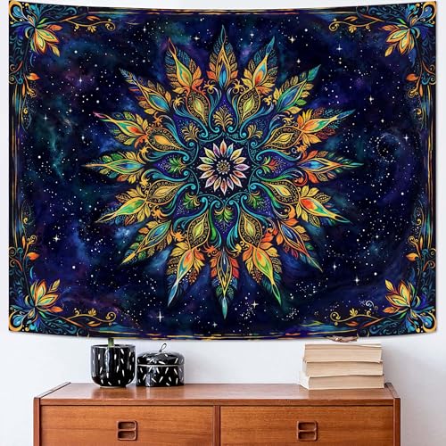 Boho Floral Mandala Tapestry for Bedroom Aesthetic Blue Bohemian Colorful Flower Wall Tapestry Purple Hippie Indian Small Tapestries Wall Hanging for Living Room Dorm Decor 40 x 30 Inch