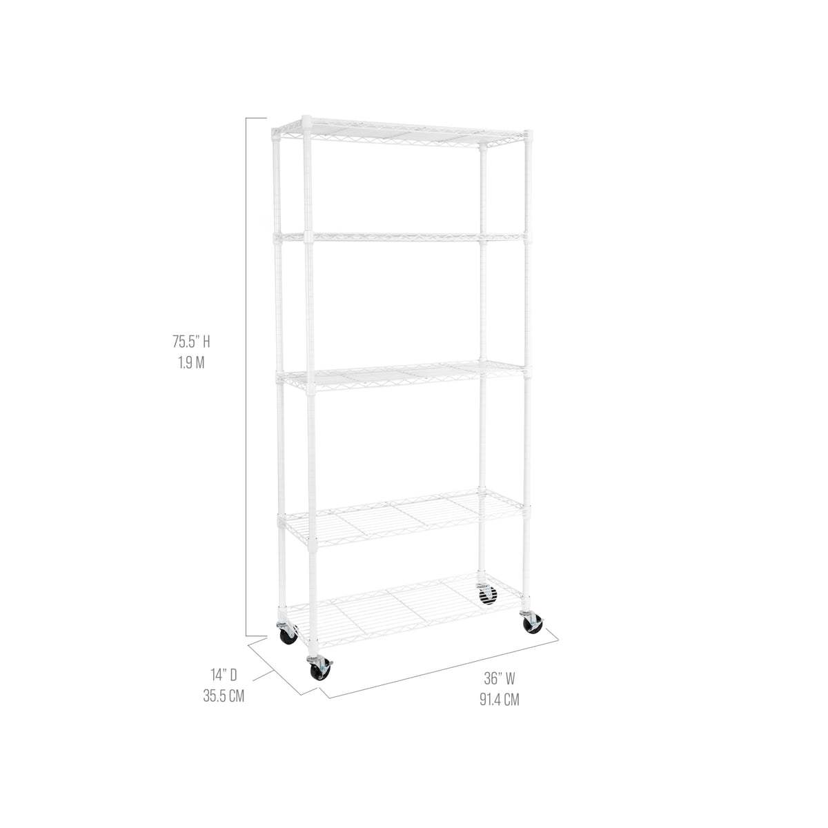5-Tier NSF-Certified Steel Wire Shelving, 36"W x 14"D x 75.5"H, White