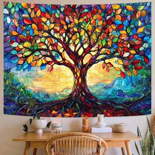 Tree of Life Tapestry Stained Glass Tapestry Wall Decor Tapestries for Bedroom Art Tapestries Wall Hanging for Bedroom Living Room Glass