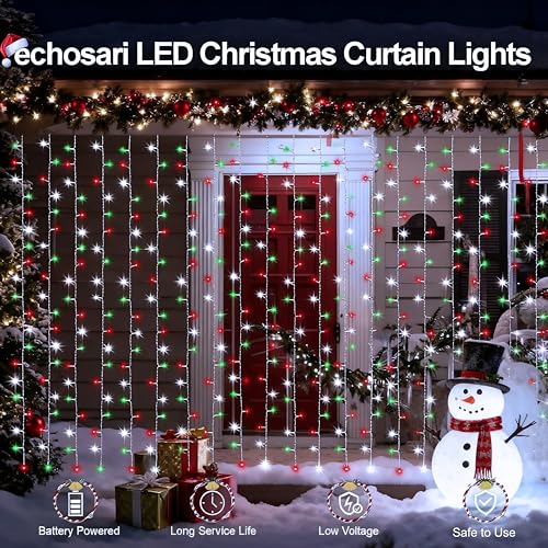 Red White and Green Christmas Curtain Lights Battery Operated (300 Count)