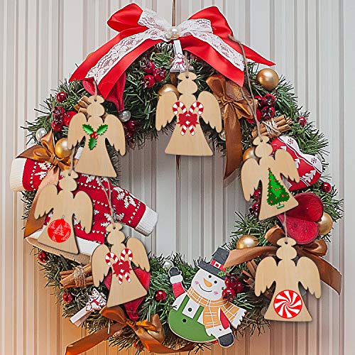 60 Pieces Christmas Wooden Ornaments 3.5" Round Wood Slices Snowflake Angel Shape with Cords for DIY Crafts New Year Christmas Tree Pendant Ornaments