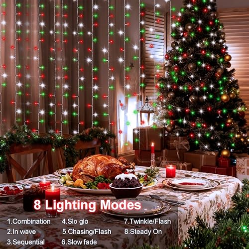 Red White and Green Christmas Curtain Lights Battery Operated (300 Count)