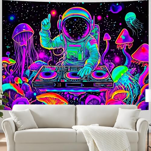 Blacklight Space Astronaut Tapestry UV Reactive Galaxy Planet Glow in Dark Tapestries Black Light Poster Neon Wall Hanging Art for bedroom Living Room