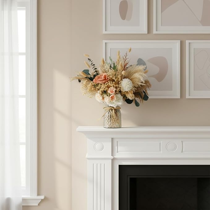 Luxury Floral Arrangement with Vase - Pampas Grass & Artificial Flowers for Kitchen Island, High End Centerpiece Decor, Coffee Table & Dining Table, Farmhouse Boho Home Decor with Dried Flowers