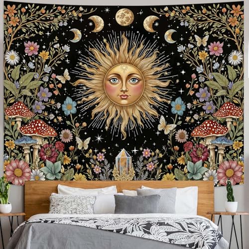 Boho Sun and Moon Tapestry Hippie Mushroom Floral Wall Tapestry for Bedroom Aesthetic Moon Phase Vintage Plant Celestial Large Tapestries Wall Hanging for Living Room Dorm 80 x 60 Inch