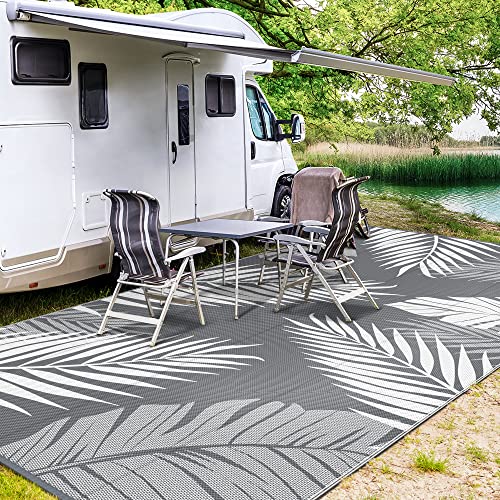 Outdoor Rug Waterproof Plastic Rugs 9'x18' for Camping Grey White
