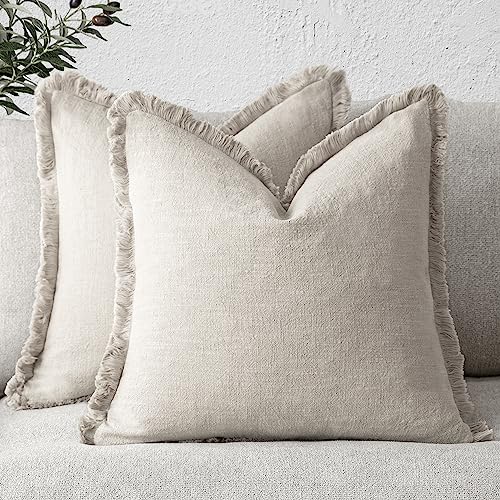 Decorative Linen Fringe Throw Pillow Covers 16×16 Inch (2 Count)