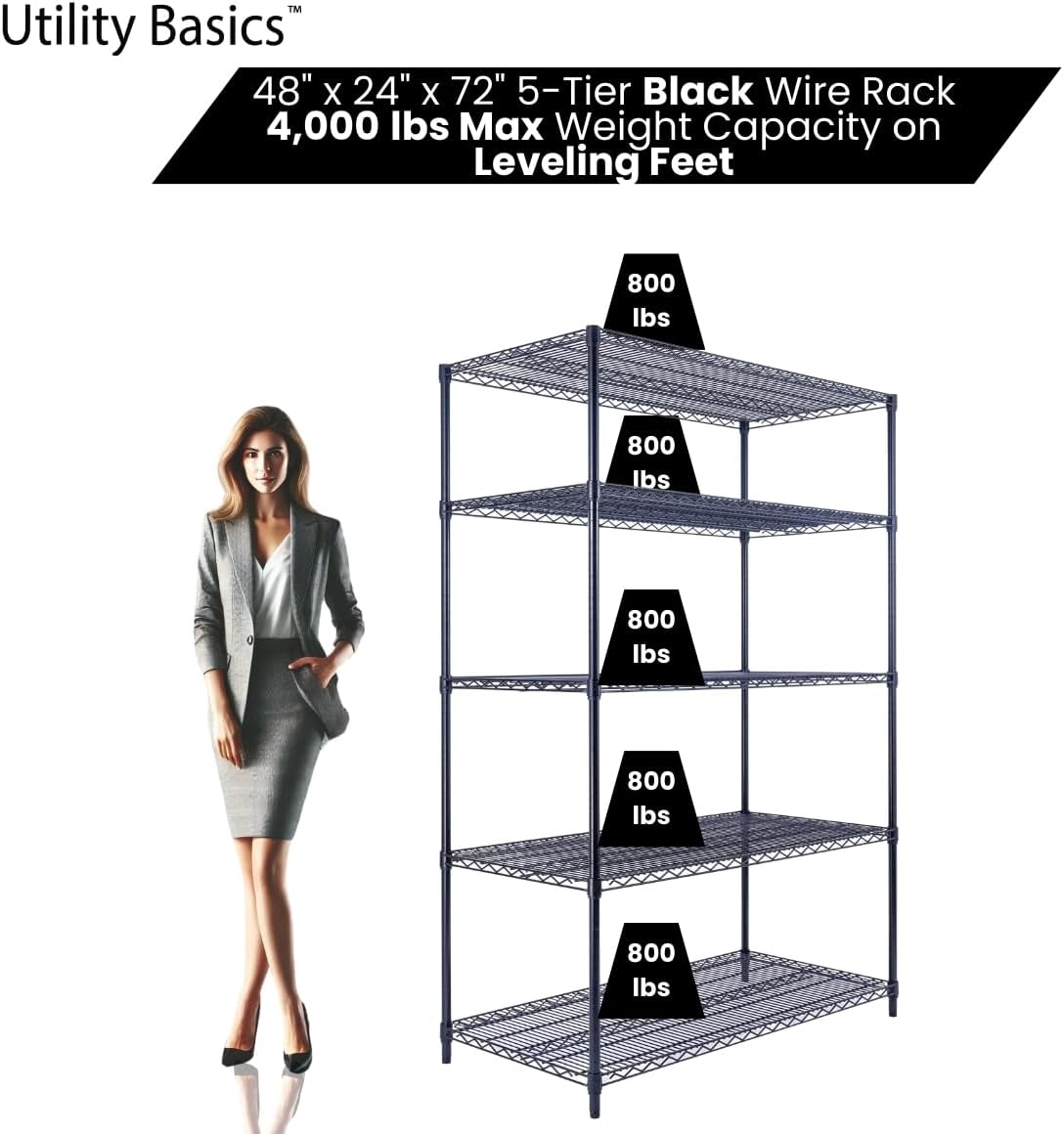 48"x24"x72" Black 5-Tier Premium Wire Shelving NSF 4000 LBS MAX Capacity Heavy Duty Steel Storage Rack for Warehouses, Garages, Hospitals, Commercial Spaces, & Schools w/Premium Wheels - NestledHome