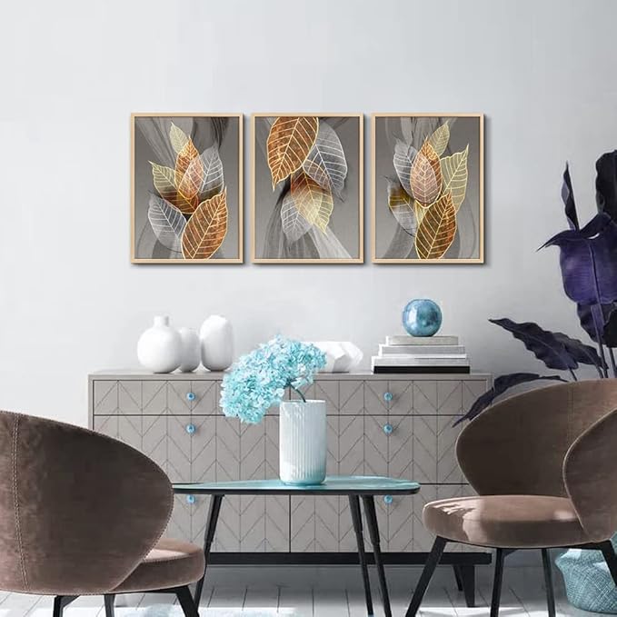 Natural Framed Canvas Wall Art - 3 Piece Abstract Leaves Prints for Living Room, Bedroom, Modern Bathroom, Kitchen Decor