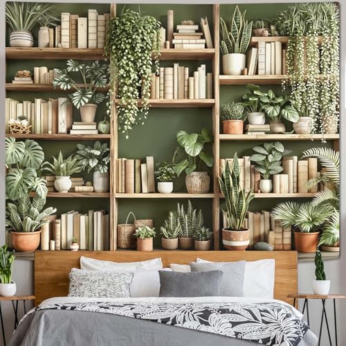 Green Plant Bookshelf Tapestry Botanical Bookshelf Tapestries Wall Hanging Modern Potted Plants Bookshelf Backdrop Extra Large Tapestry for Bedroom Living Room Dorm 90 x 68 inch