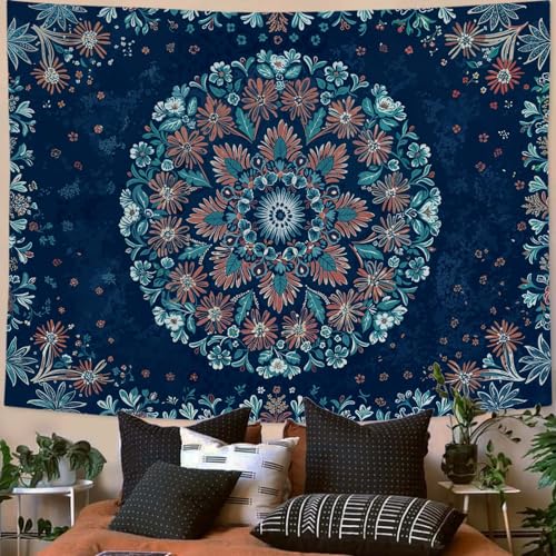 Boho Floral Mandala Tapestry Wall Hanging Blue Bohemian Flower Medallion Tapestry Aesthetic Vintage Navy Hippie Indian Small Tapestries for Bedroom Living Room Dorm Decor 60 x 44 Inch
