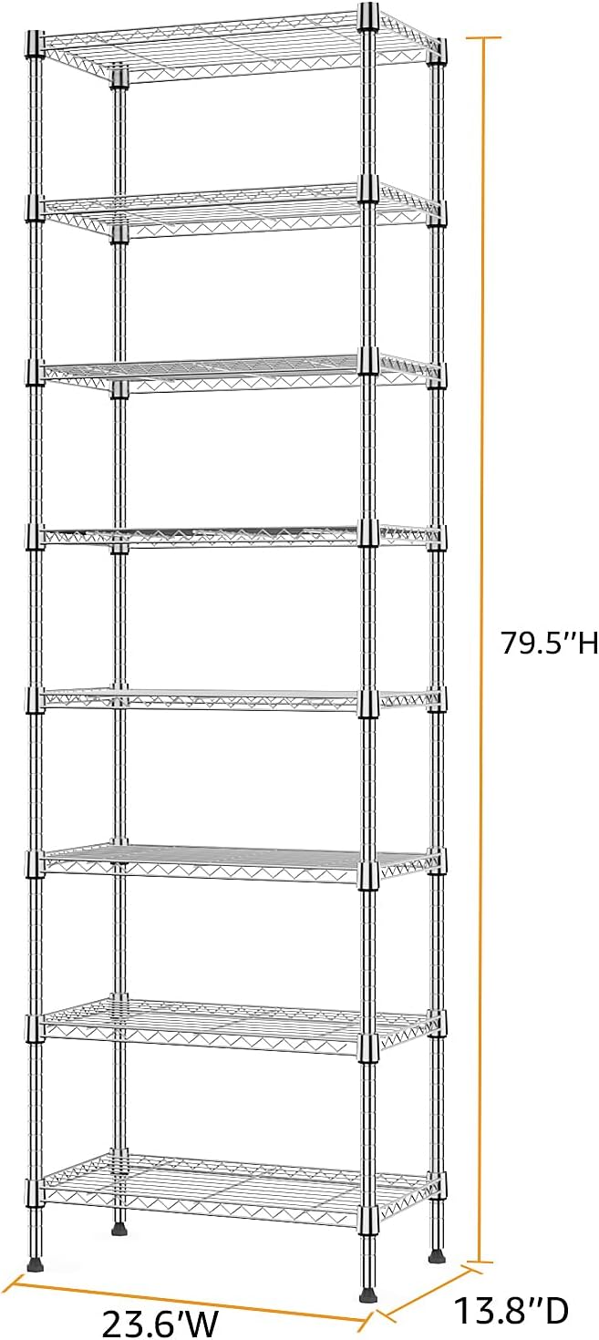 8 Tier 2000 lbs Storage Rack Metal Wire Shelving Unit, Storage Standing Shelf Organizer for Laundry Bathroom Kitchen Pantry Closet Garage Utility Room, Chrome 13.8" D x 23.6" W x 79.5" H - NestledHome