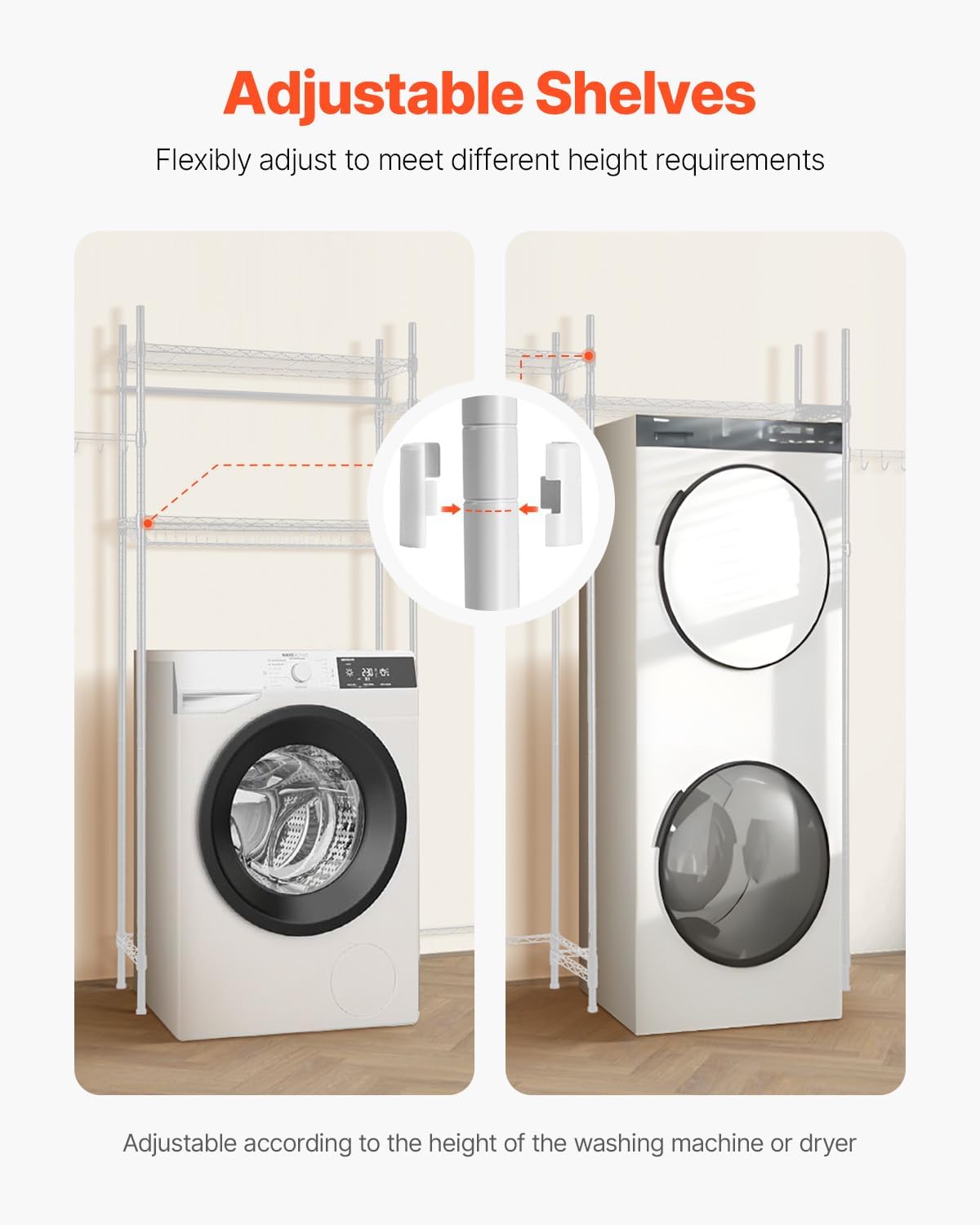 VEVOR Over The Washer and Dryer Storage Shelf, 4 Tier Laundry Room Drying Rack with Hanger Rod and Hooks, Adjustable Over Washer and Dryer Shelves, Laundry Room Shelf Storage Space Saver, White - NestledHome