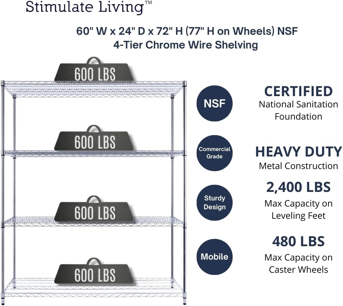 60"x24"x72" PRIME HEAVY DUTY Chrome 4-Tier Wire Shelving NSF 2400 LBS MAX Capacity Storage Rack for Commercial, School, Home, Garage, Warehouse, Industrial, and Hospital Uses (with Wheels) - NestledHome