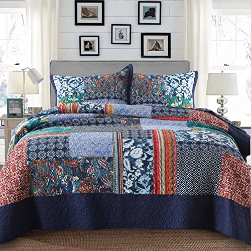 Queen Quilt Set Reversible Lightweight Bohemian Paisley Patchwork Cotton Quilted Bedspread Coverlet Set 3