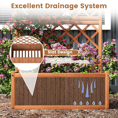 63" Wooden Raised Garden Bed with Trellis & Slat Bottom Base