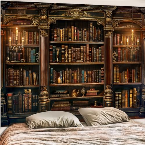 Vintage Bookshelf Tapestry Medieval Art Book Tapestries Wall Hanging Gothic Dark Academia Retro Library Backdrop Tapestry for Bedroom Living Room Dorm Study Classroom 90× 68 inch