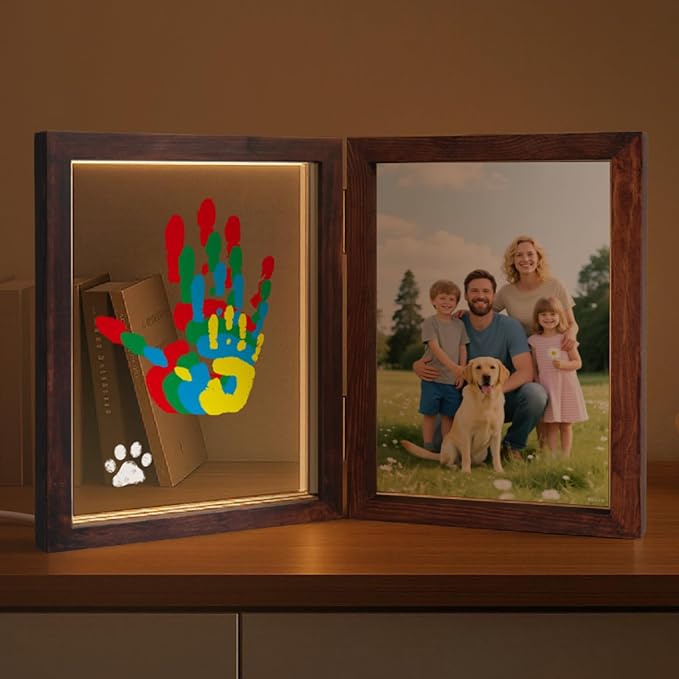 Family Handprint Kit with Light, 5 Non-Toxic Paints, Hand Prints Ornament Keepsake Frame for 4, DIY Craft Gift for New Parents & Mom & Baby, Grandparents, Mother's Day, Father's Day