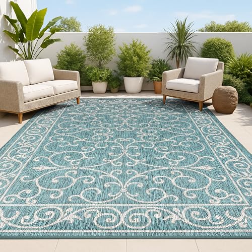 Vintage Filigree Indoor Outdoor Area Rug 5X8 Teal