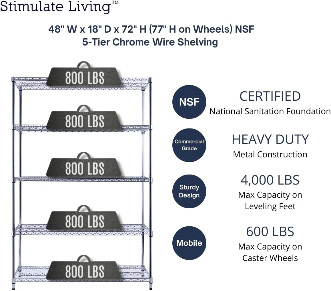 48"x18"x72" PRIME HEAVY DUTY Chrome 5-Tier Wire Shelving NSF 4000 LBS MAX Capacity Storage Rack for Commercial, School, Home, Garage, Warehouse, Industrial, and Hospital Uses (with Wheels) - NestledHome