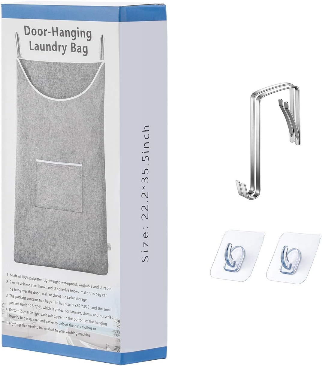 X-Large Hanging Laundry Hamper Bag, Door Hanging Hamper with Front Pocket Dirty Clothes Hanging Laundry Bag Large Size 35X22 inch Door Laundry Basket (Grey) - NestledHome