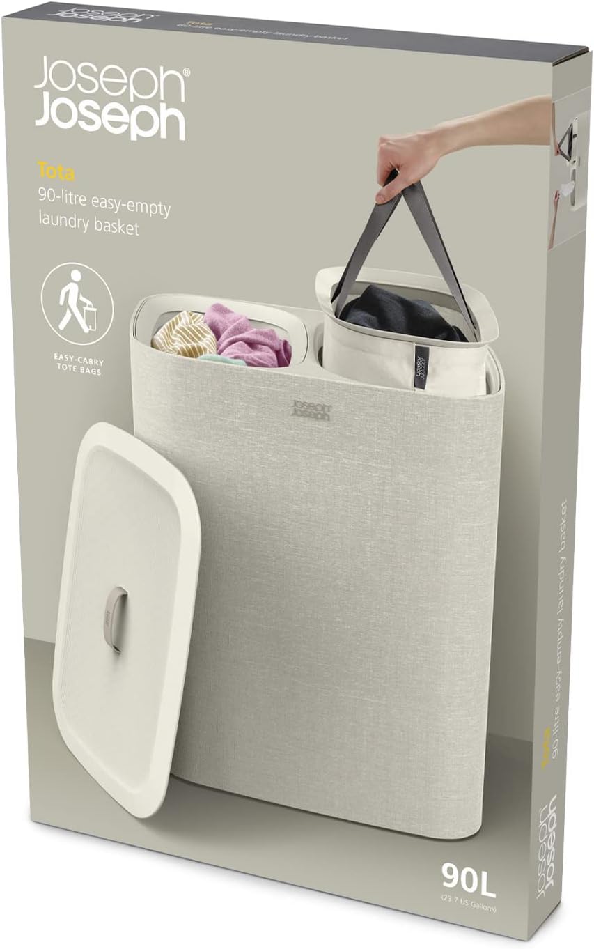 Joseph Joseph Tota 90 liter/23.8 gallon Laundry Hamper Separation Basket with lid, 2 Removable Washing Bags with Handles - Ecru - NestledHome
