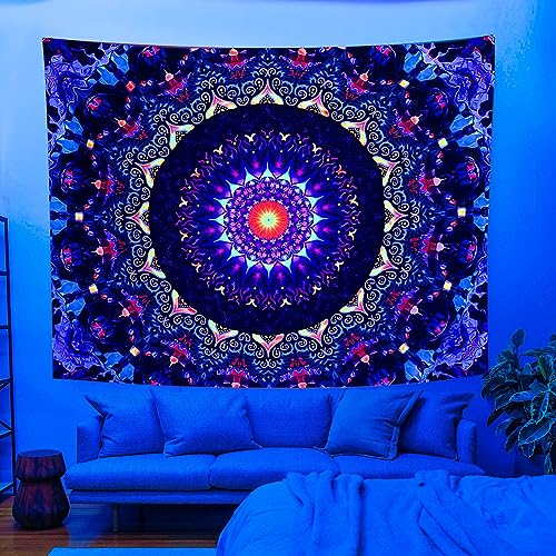 Blacklight Trippy Mandala Tapestry 59"x51" UV Reactive Fantasy Tapestry Aesthetic Wall Decor for Living Room Bedroom Boho Wall Hanging