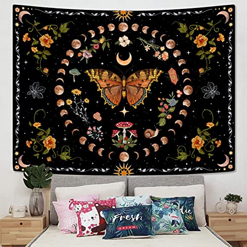 Orange Butterfly Moon Flower Tapestry Botanical Floral Plant Boho Tapestry for Bedroom Aesthetic Vintage Tapestries Wall Hanging for Living Room Dorm