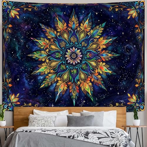Boho Floral Mandala Tapestry for Bedroom Aesthetic Blue Bohemian Colorful Flower Wall Tapestry Purple Hippie Indian Extra Large Tapestries Wall Hanging for Living Room Dorm Decor 90 x 68 Inch