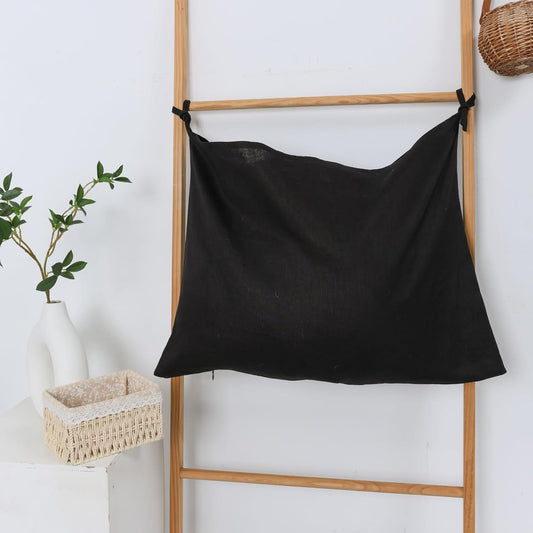 Hanging Linen Laundry Bag, 100% Pure Flax Linen Over The Door Hamper with Bottom Zipper for Laundry Room, Household Dirty Cloth Storage Organizer Bag, Black - NestledHome