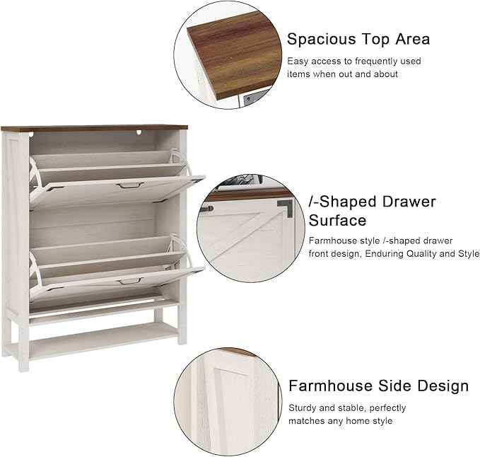 Vabches Shoe Storage Cabinet, Farmhouse Freestanding Organizer with 2 Flip Drawers, Wooden Hidden Narrow Slim Shoe Rack Cabinet for Entryway, Hallway, Foyer, White