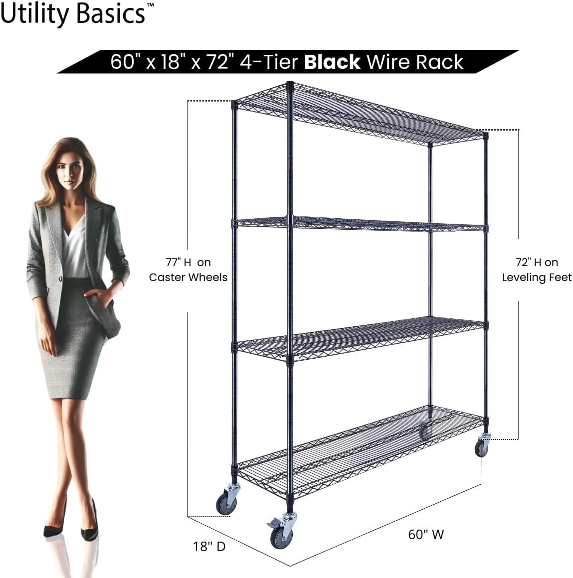 60"x18"x72" Black Premium Metal Steel Wire Shelving 4-Tier NSF 3200 LBS MAX Capacity Heavy Duty Storage Rack for Garages, Commercial Spaces, Hospitals, & Schools w/Premium Wheels - NestledHome
