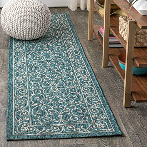 Vintage Filigree Indoor Outdoor Runner Rug 2X8 Teal