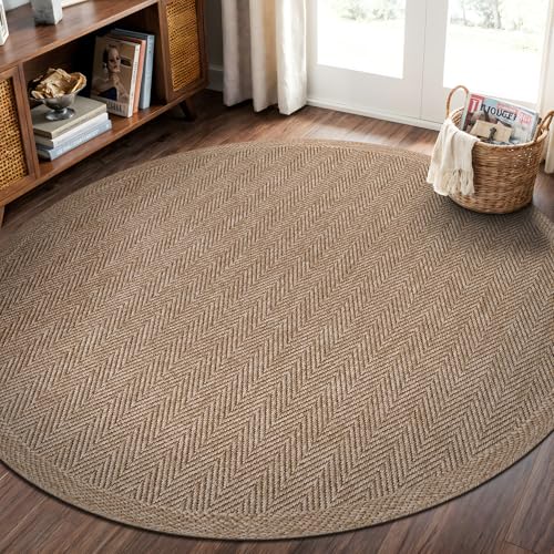 Easy Jute Round Rug 4ft Indoor Outdoor Natural Color Fiber Area Rugs for Living Room Patio and Kitchen Rug Herringbone Woven Design Easy