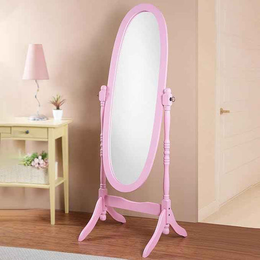 Full Length Mirror with Stand, Swivel Adjustable Oval Wood Cheval Floor Mirror, Dressing Cheval Mirror for Bedroom Livingroom, Interior Gift Idea (Pink)
