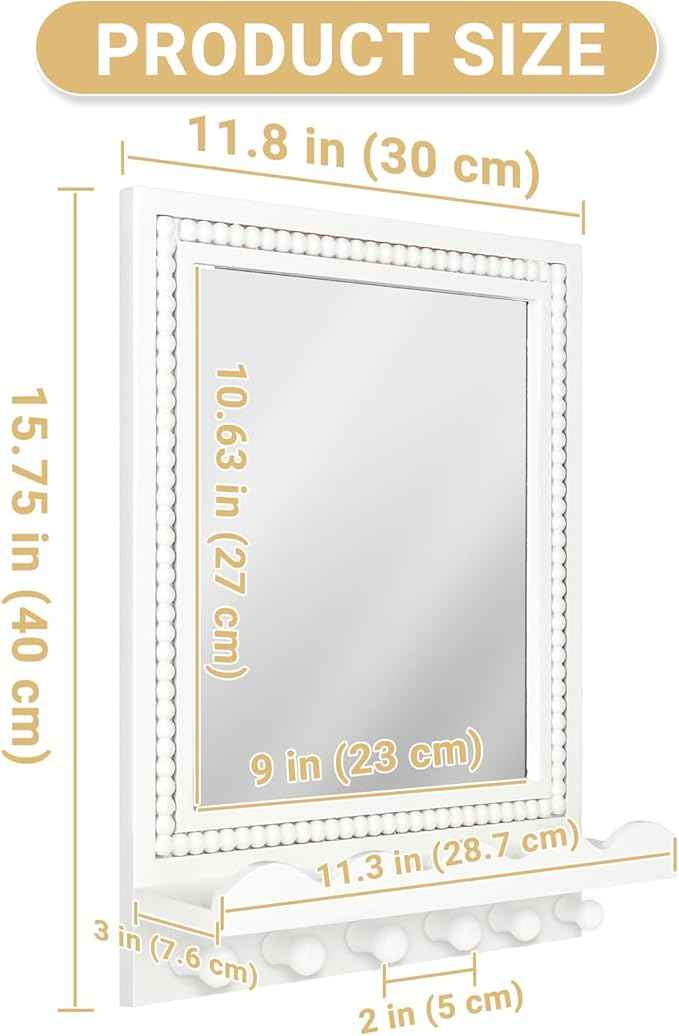 Tirzah 16x12 Inch Wall Mount Beaded Wood Framed Mirror with Shelf and 6 Hooks, White Decorative Entryway Mirror with Storage for Laundry Room, Bathroom, Bedroom
